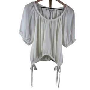Loft White Peasant Blouse Puff Sleeve Side Tie Elastic Hem Top Small NEW